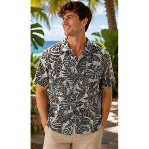 Columbia M Blue Gray  Palm Tropical Classic Short Sleeve Button-Up Shirt Coastal